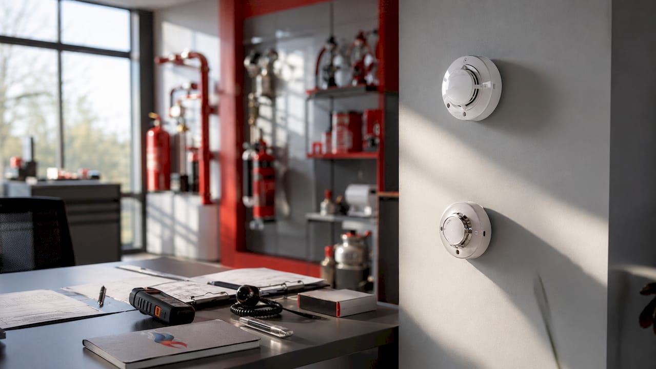 Close-up of photoelectric and ionization smoke detectors