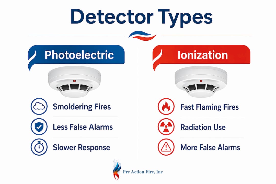Infographic comparing photoelectric and ionization smoke detectors