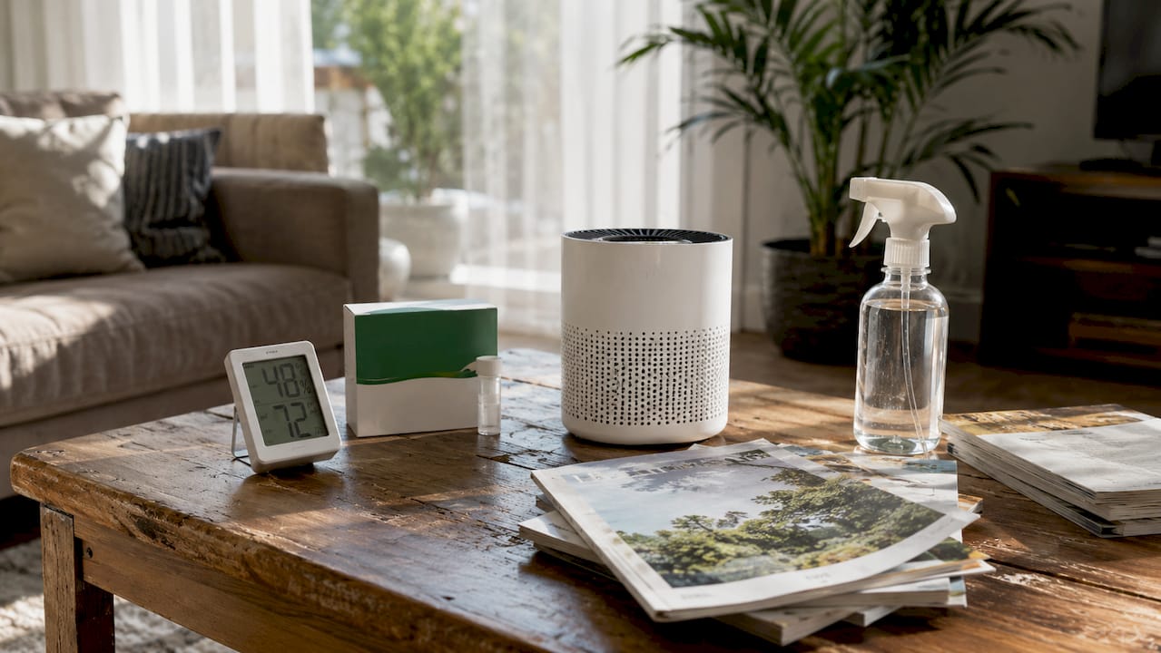 Indoor air quality testing tools on kitchen counter