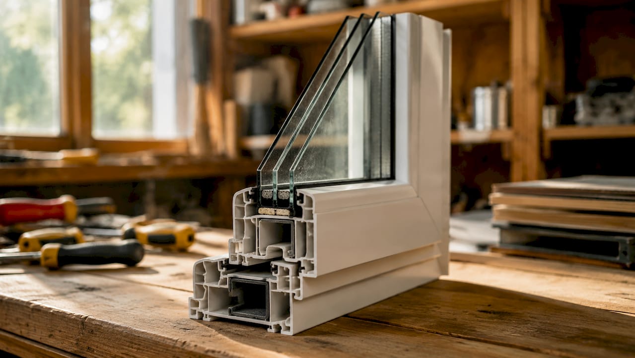 Close-up insulated window frame cross section