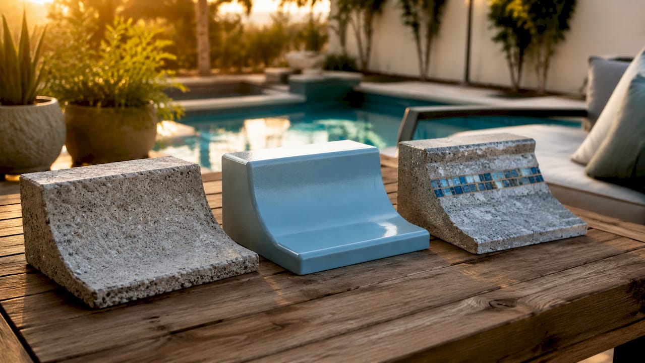 Top view of different pool shell material samples on bench