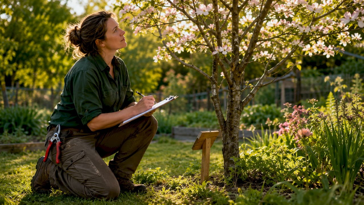 Arborist assessing tree canopy health in park