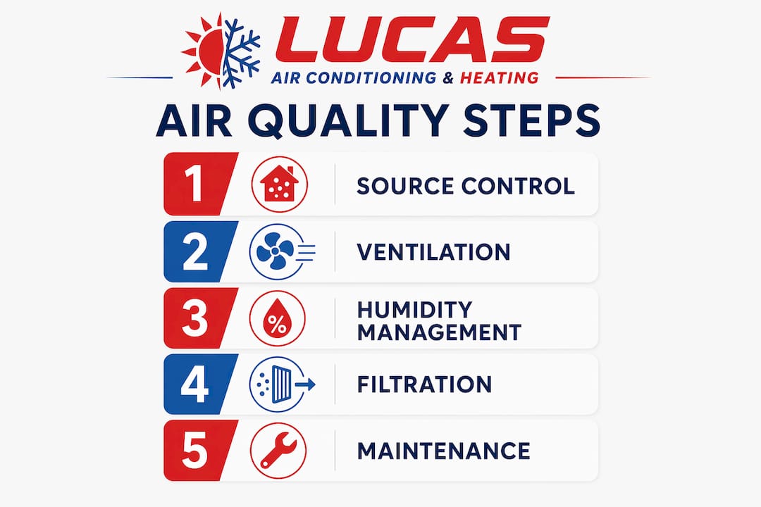 Infographic displaying key steps to improve indoor air quality
