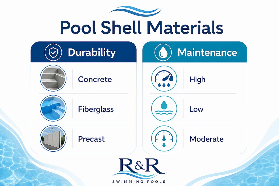 Infographic comparing pool shell materials durability and maintenance