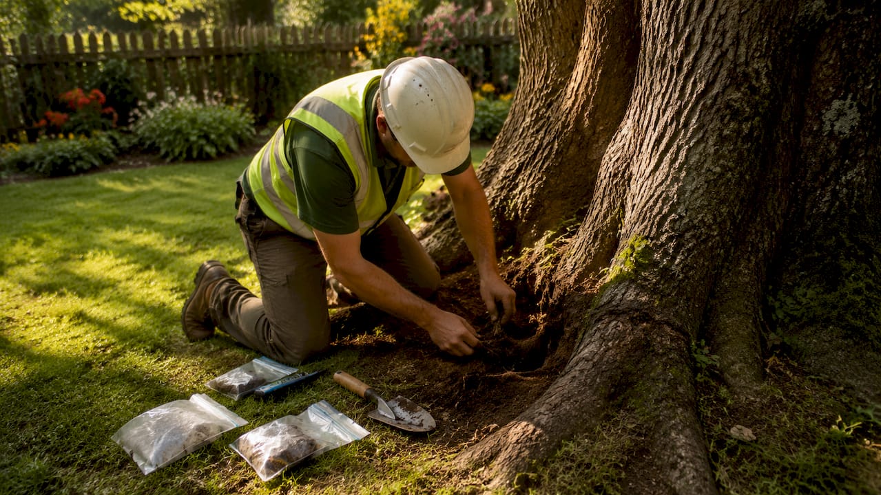 What Is Tree Health Management: A Property Owner's Guide 1 Arborist checking soil near tree roots