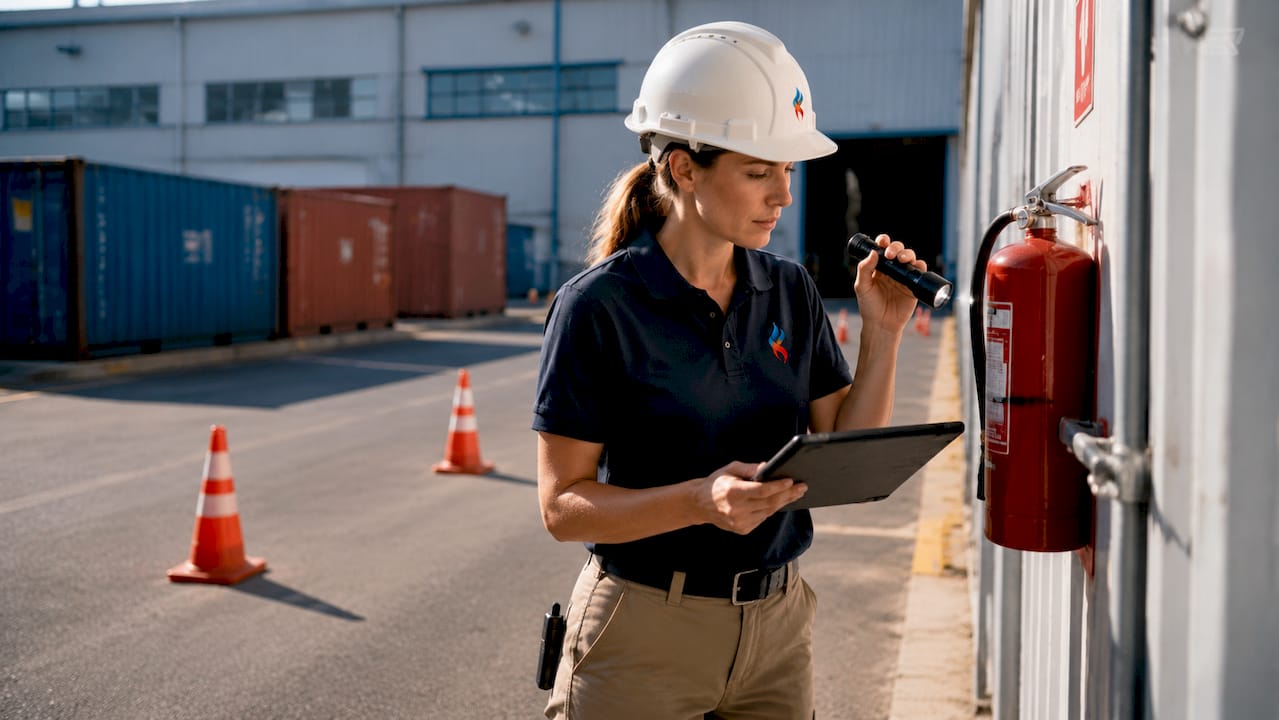 Technician inspecting fire sprinkler in warehouse