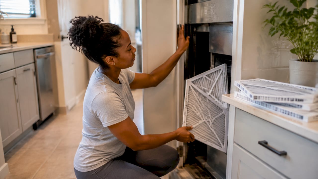Woman replacing indoor AC air filter