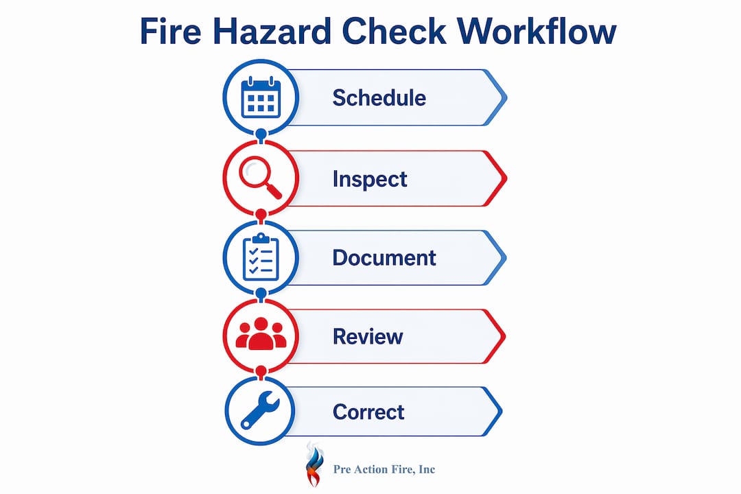 Infographic illustrating fire hazard check workflow steps