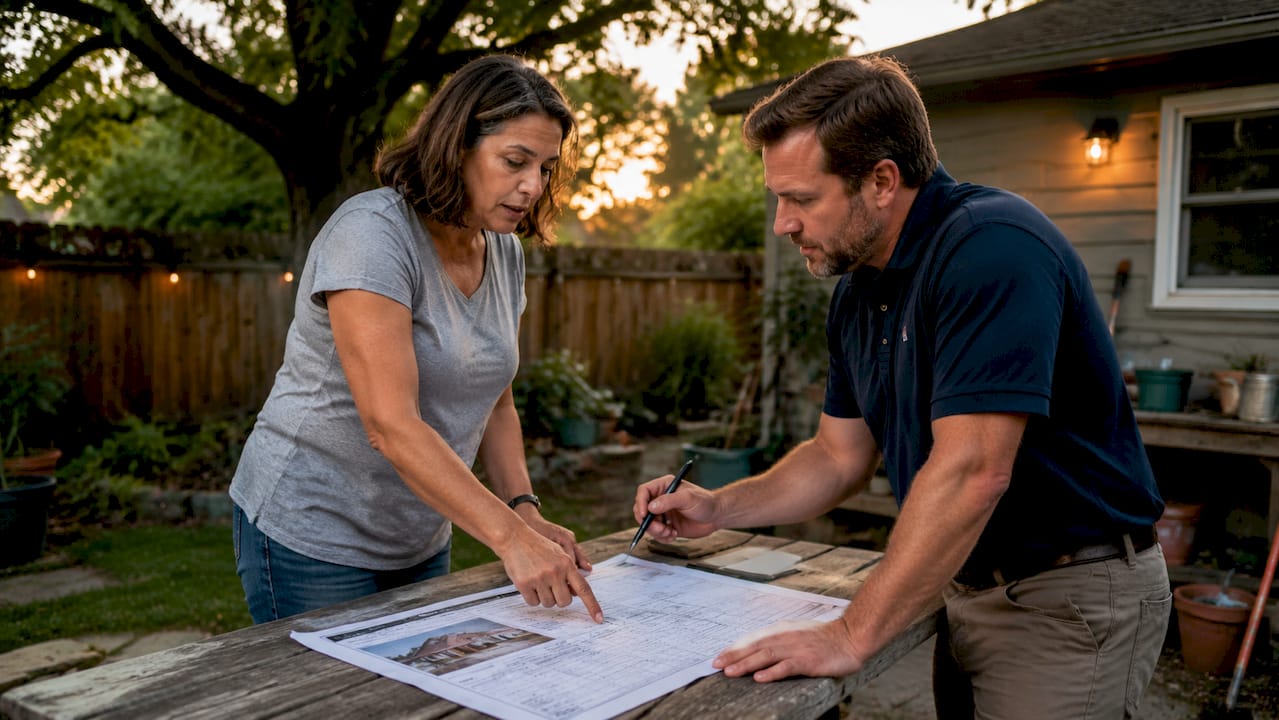 Homeowner and consultant reviewing roofing estimate outdoors
