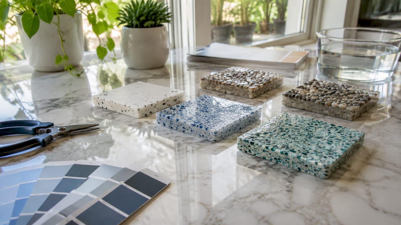 Overhead view of pool finish color samples and tools