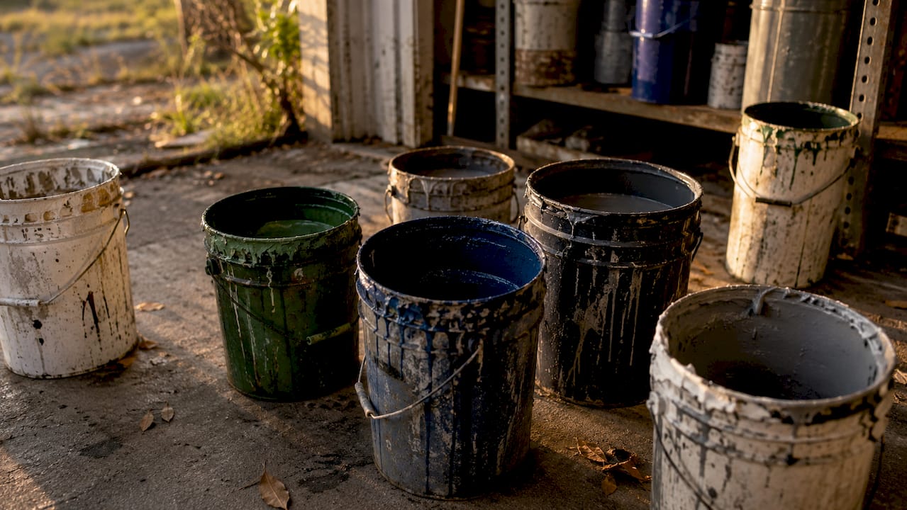 Heavy-duty industrial paint containers on pallet
