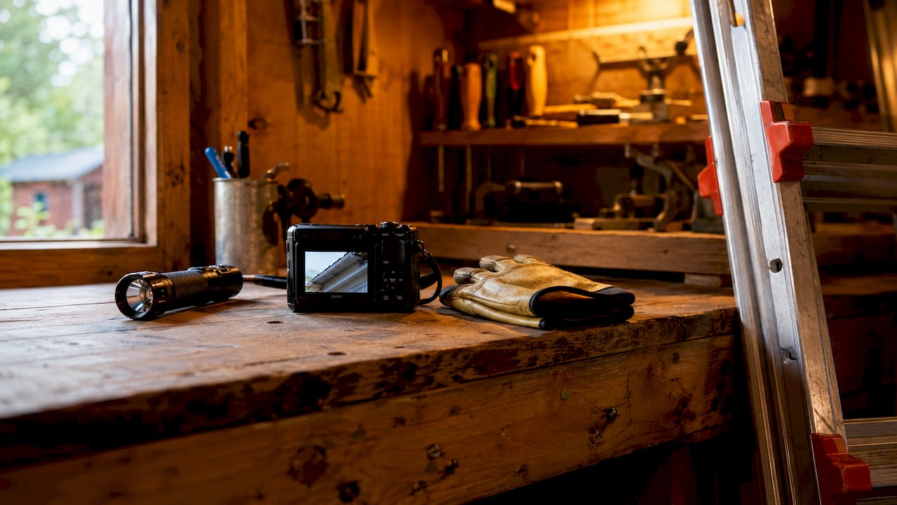 Gutter inspection tools on workbench close-up