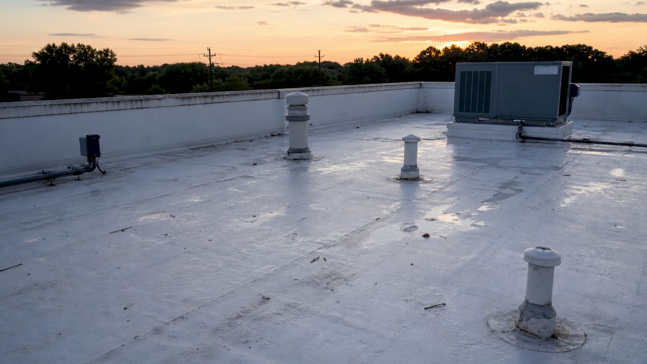 Detail of Texas commercial TPO roof after weather exposure