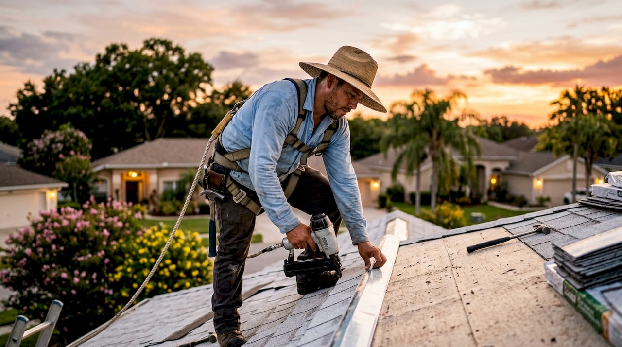 Roofer installing reflective shingles on roof