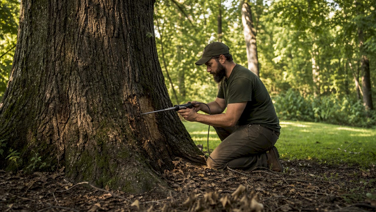 Close-up of arborist inspecting tree trunk defects