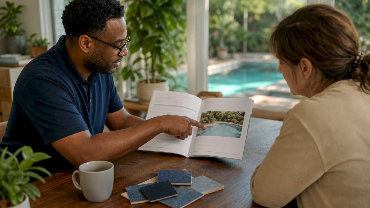 Hands pointing to insurance policy during pool permit talk