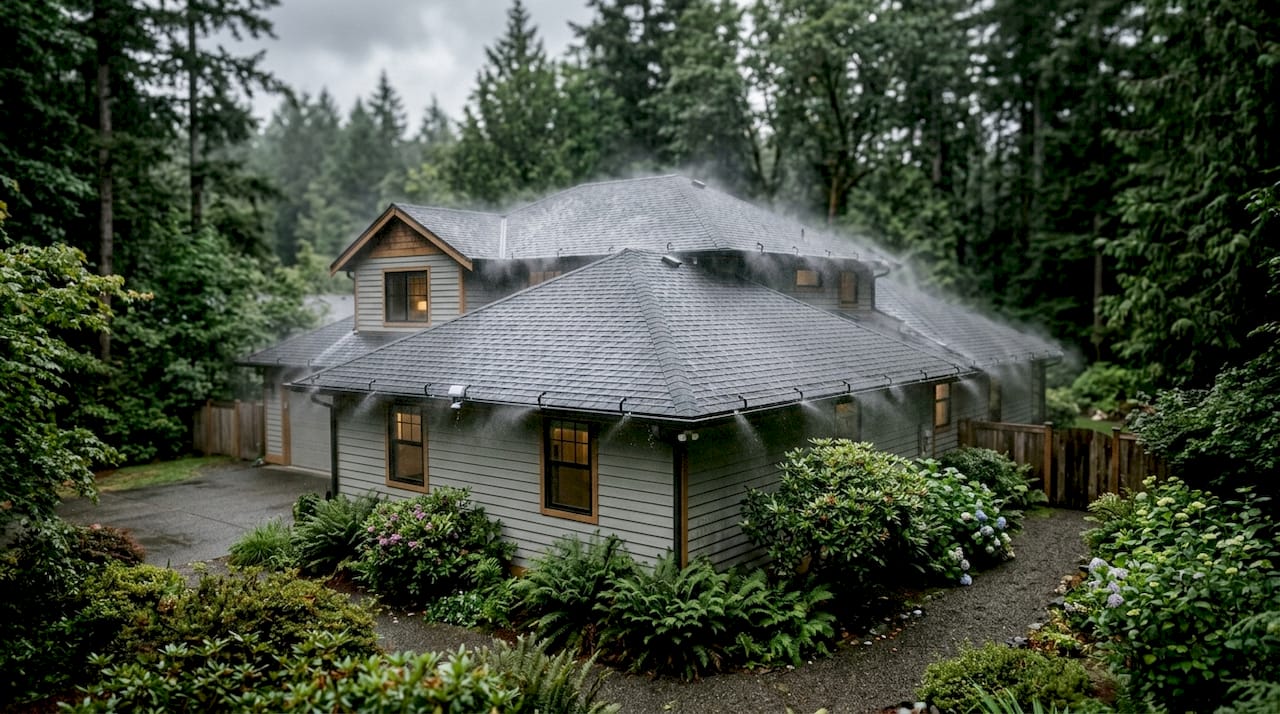 Activated external wildfire fire suppression system on house