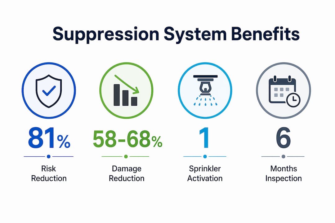 Infographic showing key benefits and maintenance stats of fire suppression systems