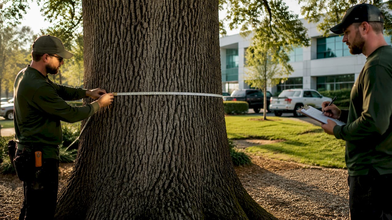 Arborist measuring tree trunk diameter outdoors