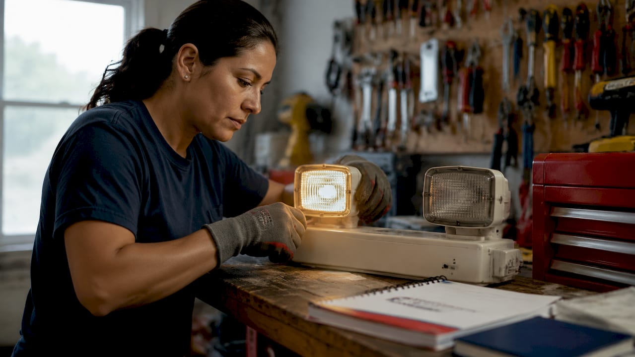Technician testing types of emergency lighting fixtures