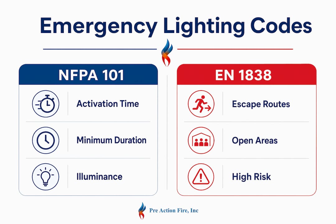 Infographic comparing emergency lighting code standards