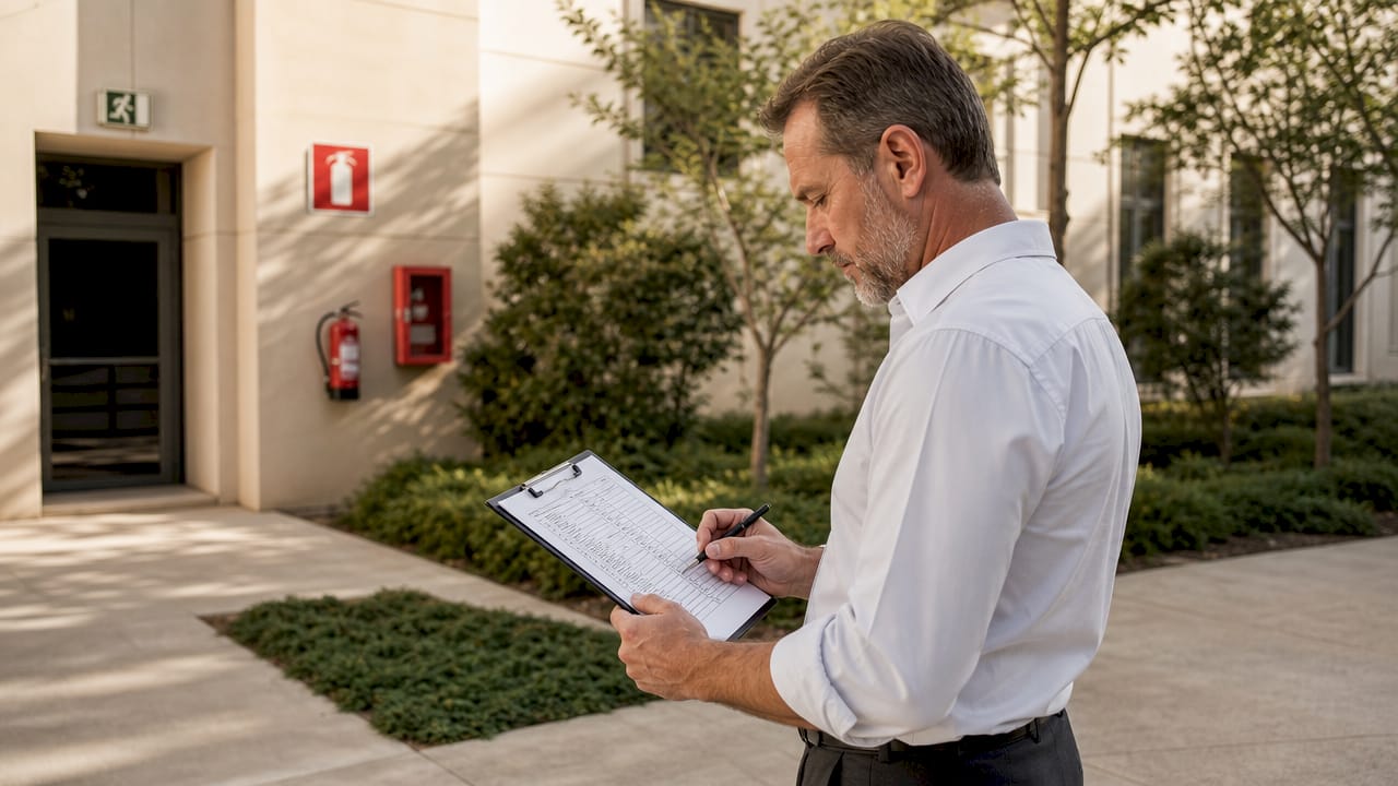 Facility manager conducting fire safety audit