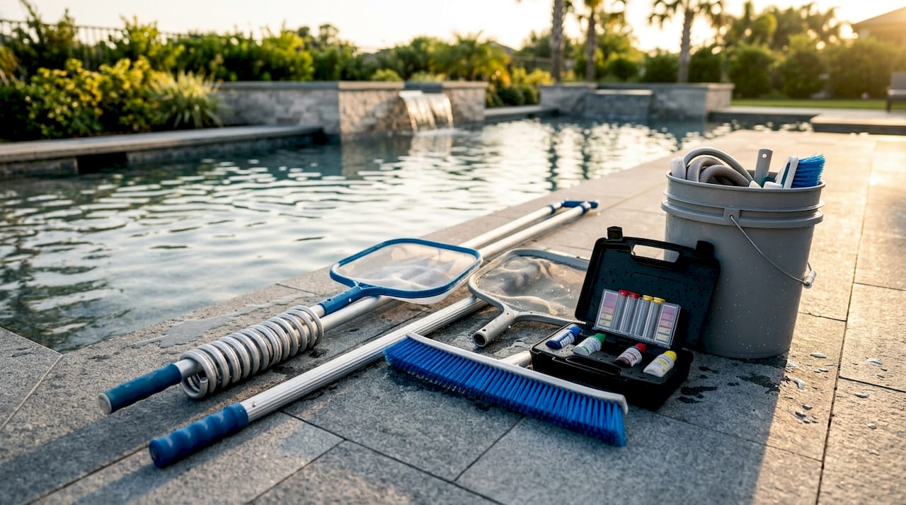 Pool Homeowner Maintenance Tools: Your 2026 Guide 1 Arrangement of essential pool maintenance tools outdoors