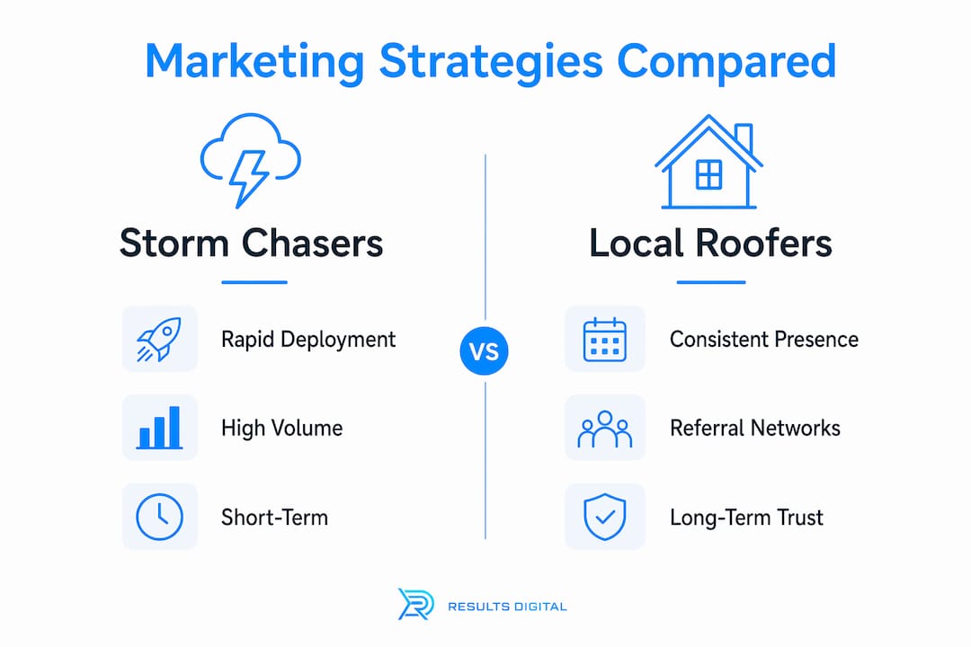 Infographic comparing storm chaser and local roofer marketing