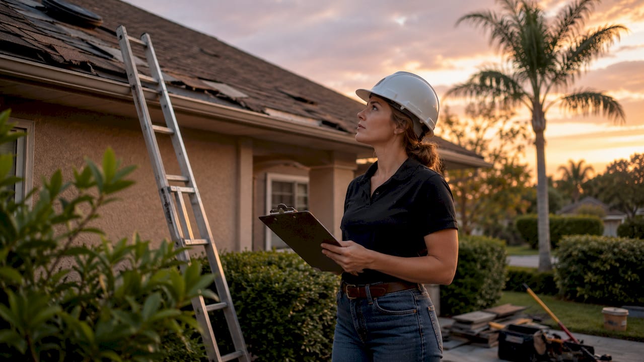 Roofing contractor inspecting storm damage on roof outdoors