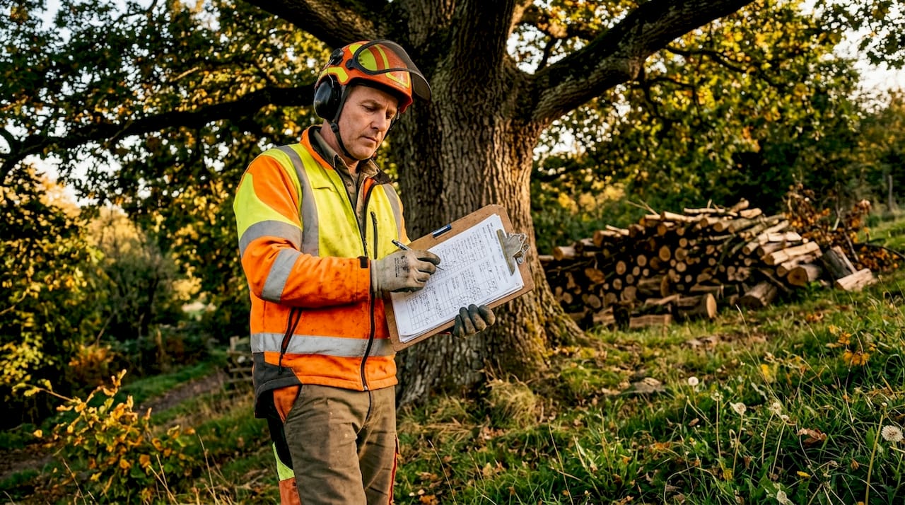 Arborist inspecting tree with safety checklist