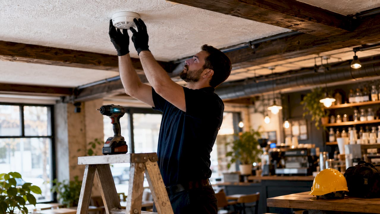 Technician installing smoke detector on ceiling
