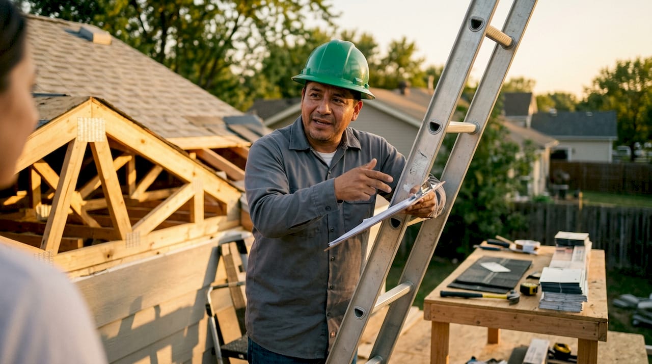 Contractor explaining roof repair estimate outdoors