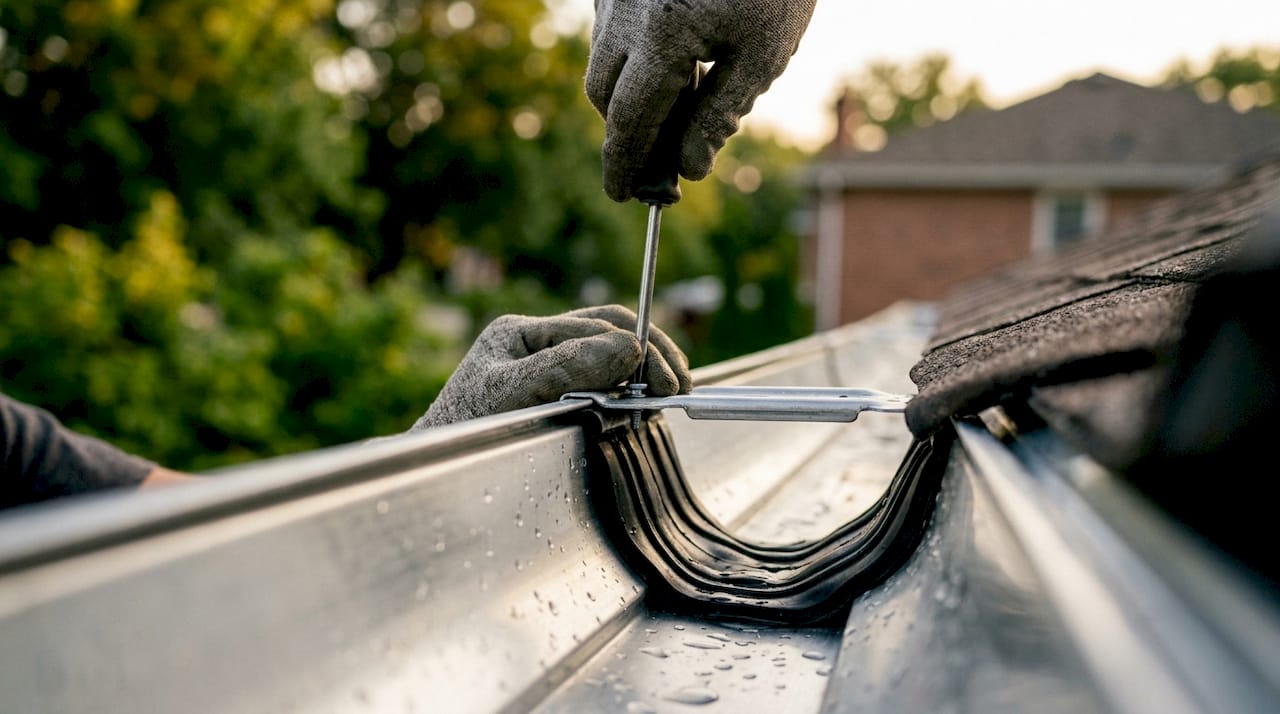 Close-up of gutter expansion joint installation with hands