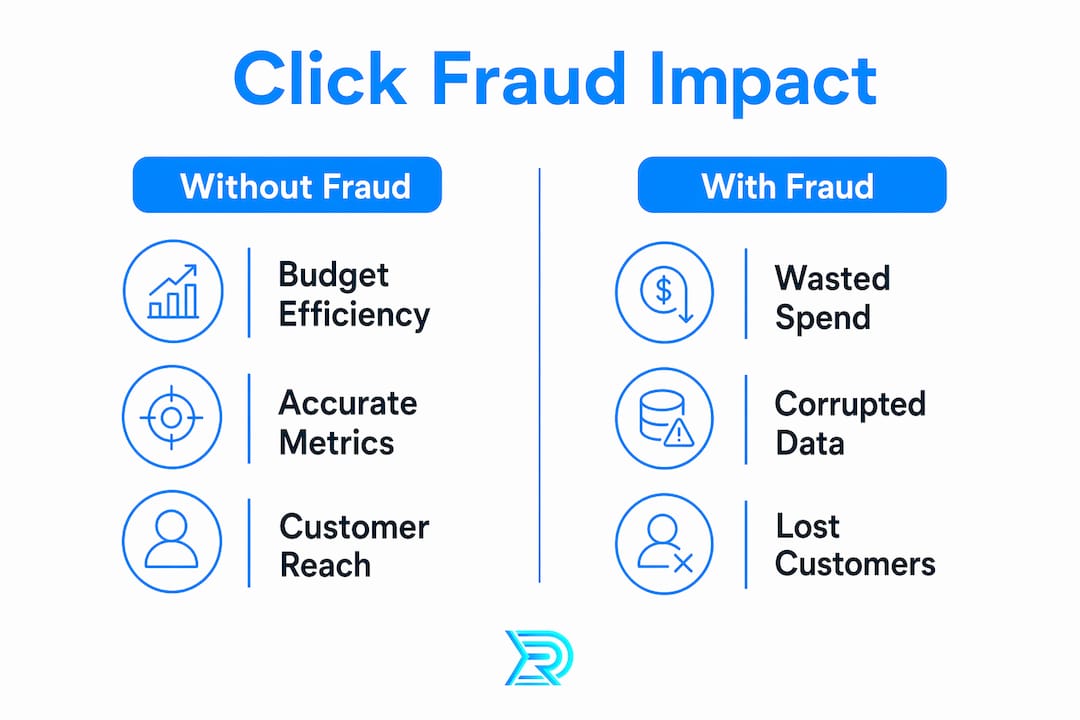 Infographic comparing roofing ad campaigns with and without click fraud