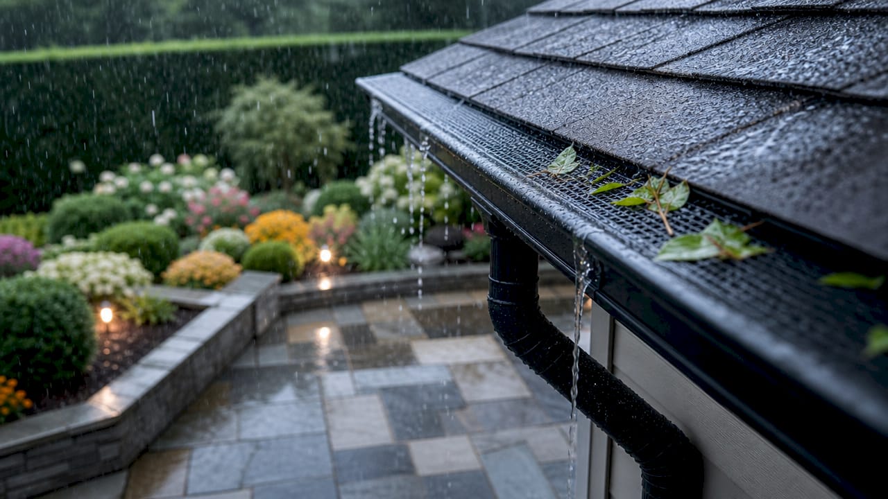 Close-up of gutter system with rainwater flowing