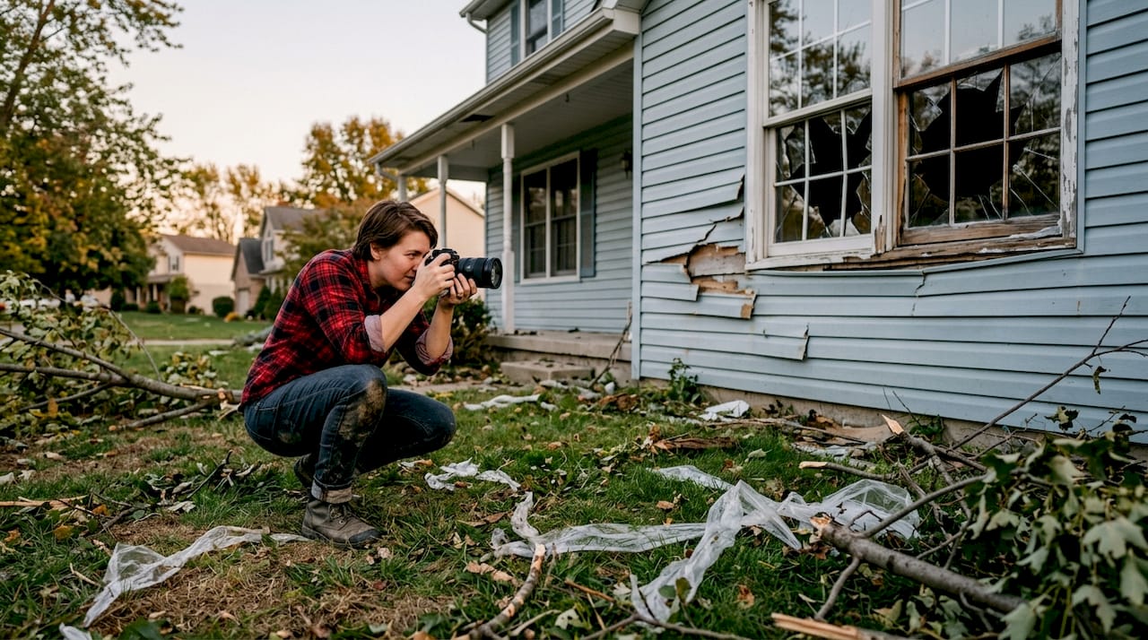 Hands photographing storm damage on house exterior