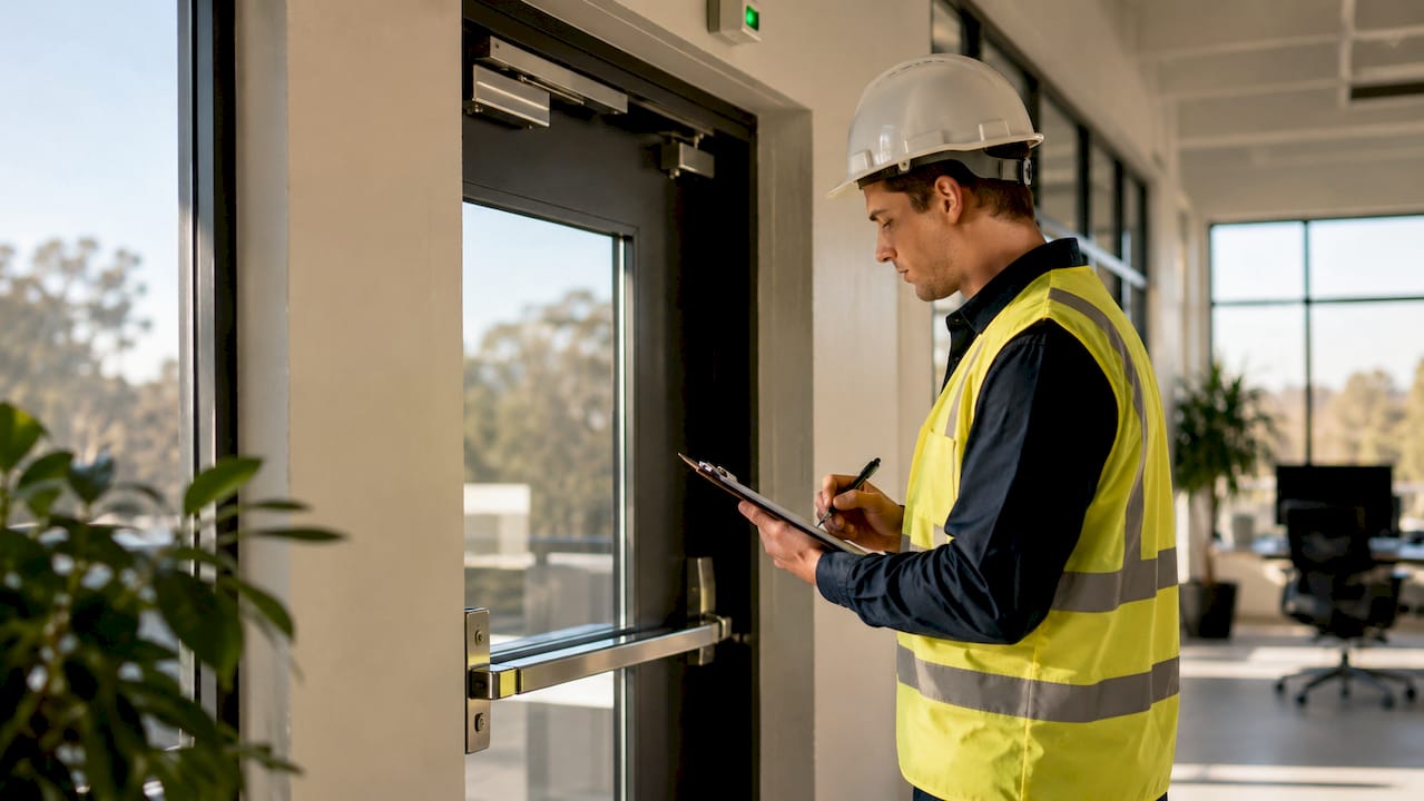 Fire inspector inspecting warehouse emergency exit