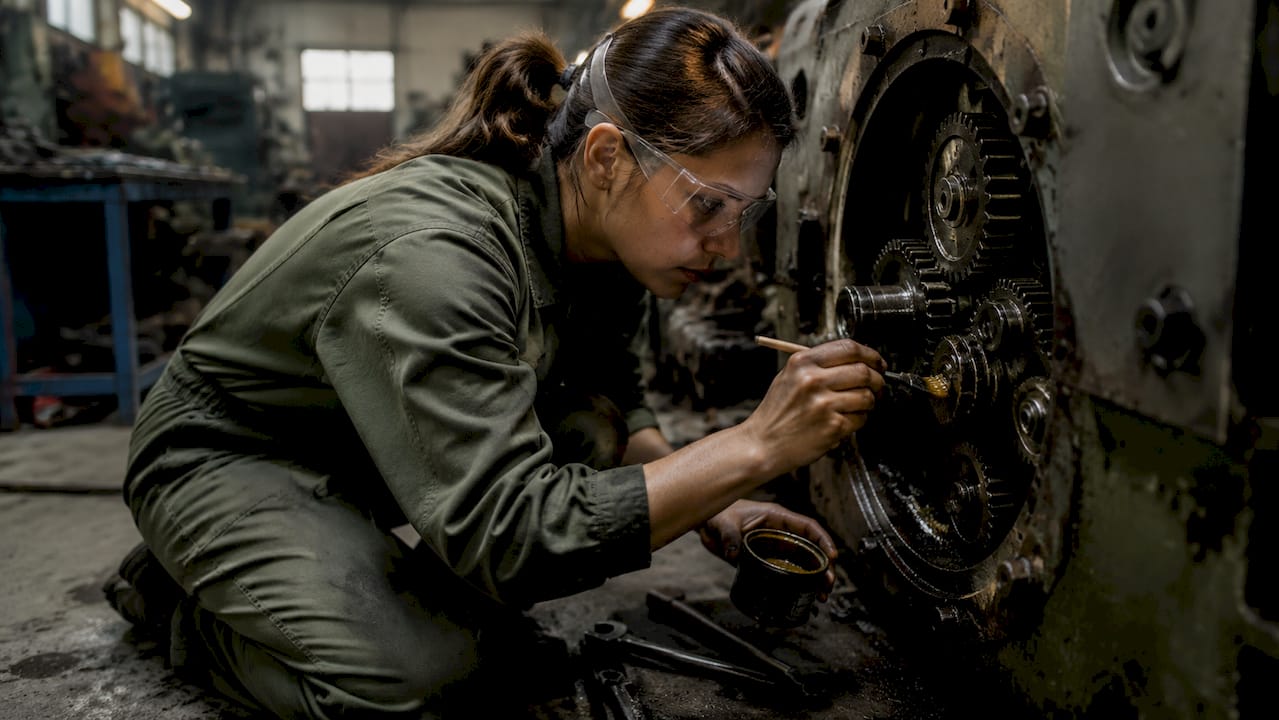 Technician lubricating machine parts during maintenance