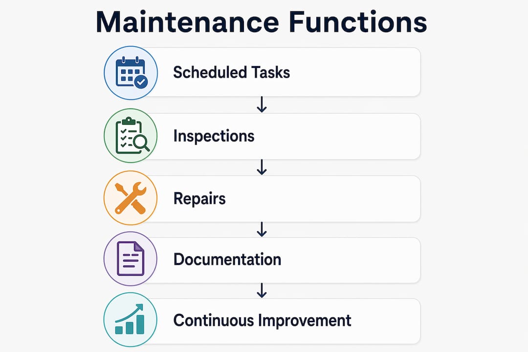 Infographic illustrating key maintenance functions in flow layout