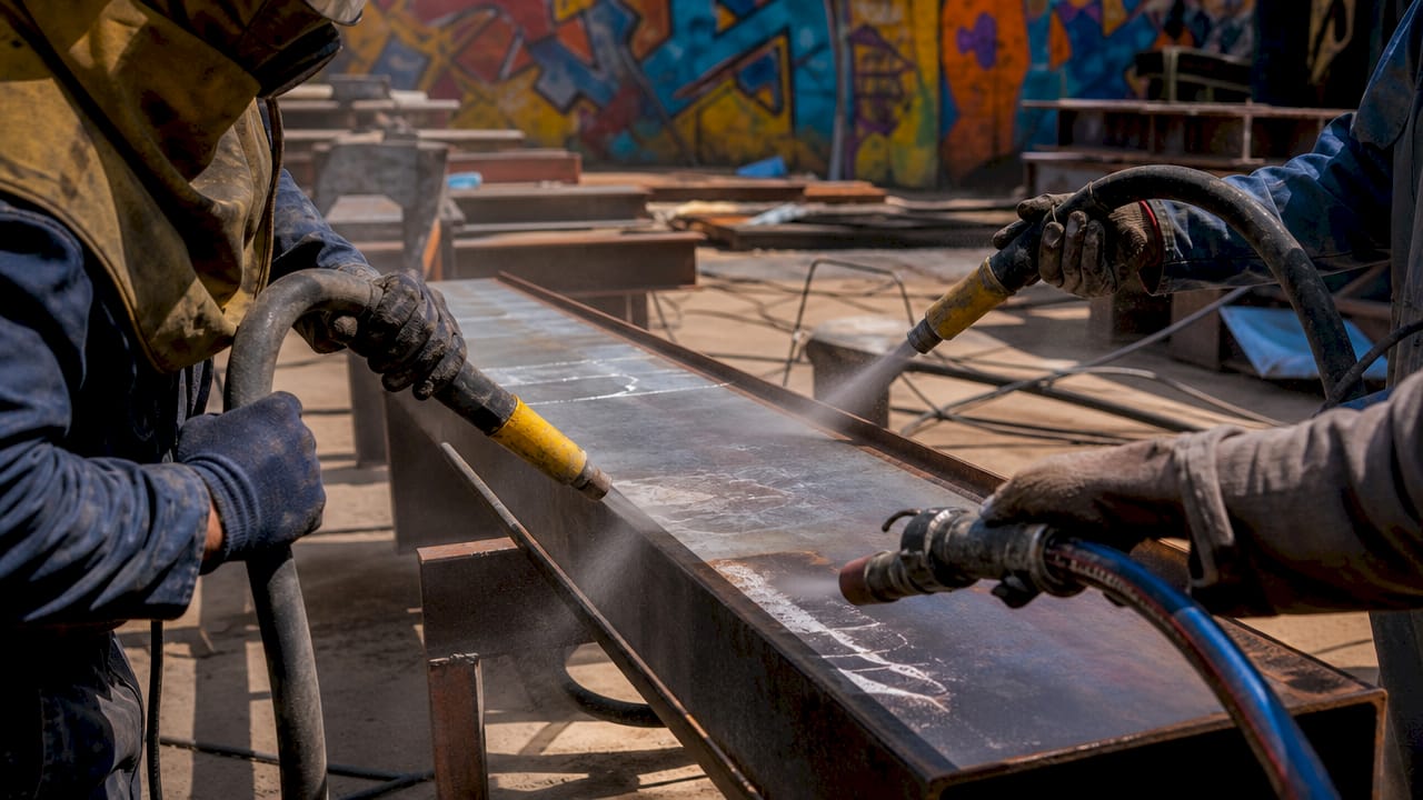 Painter sandblasting steel surface for prep