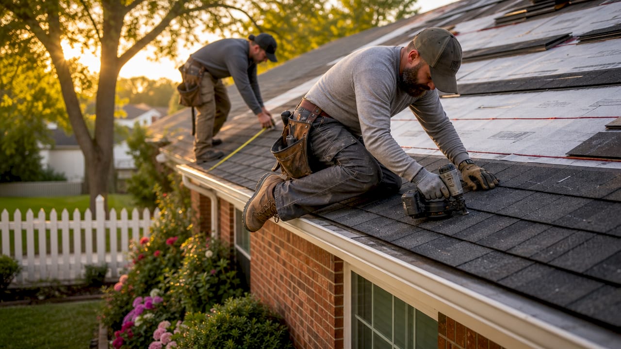Roofing contractors installing shingles on house roof