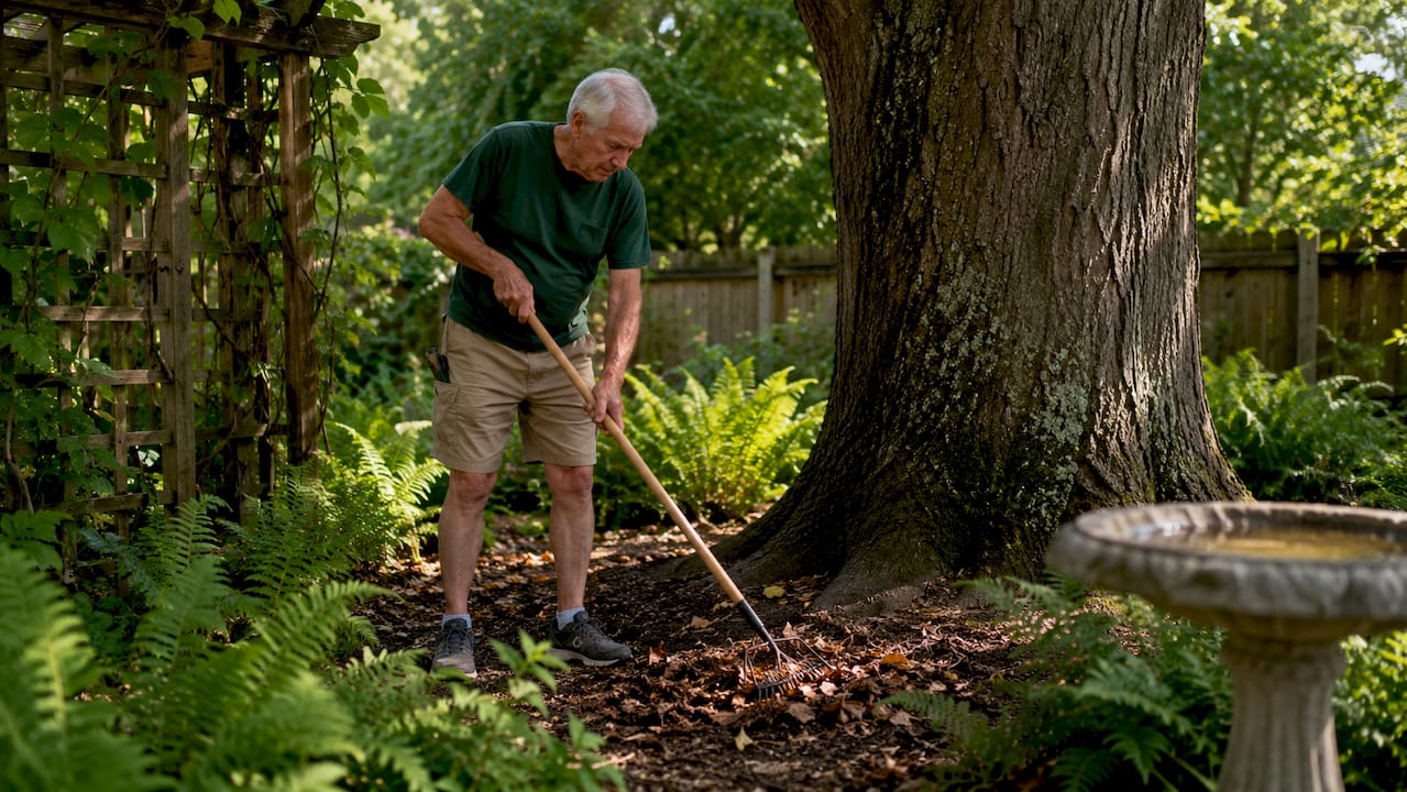 Senior man mulching tree roots in backyard garden