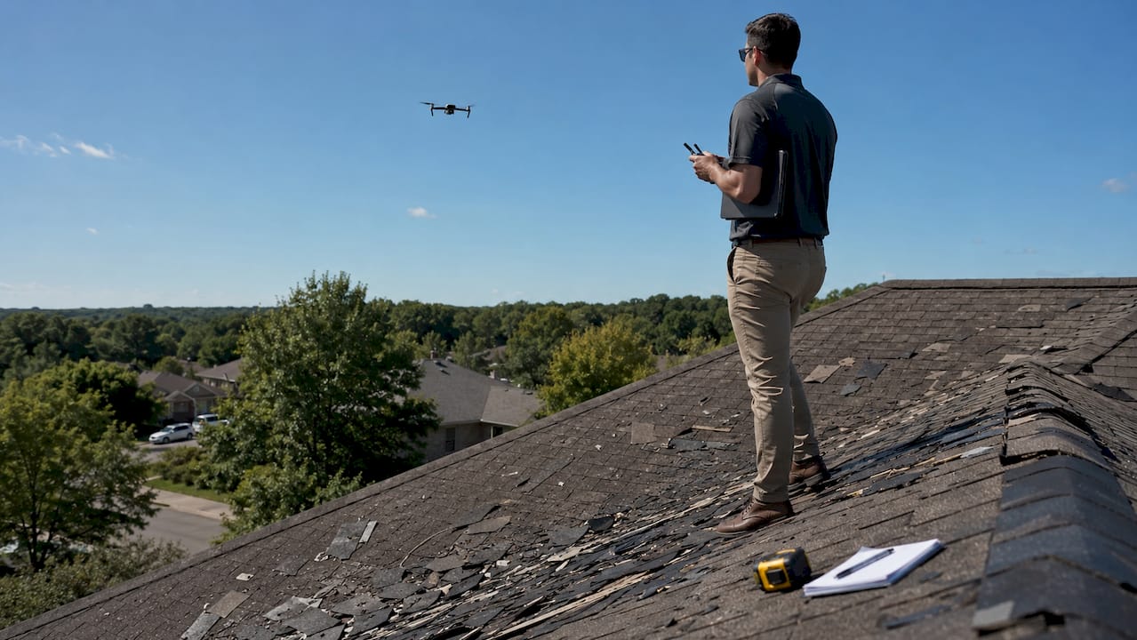 Adjuster's hands operating drone and tablet on roof