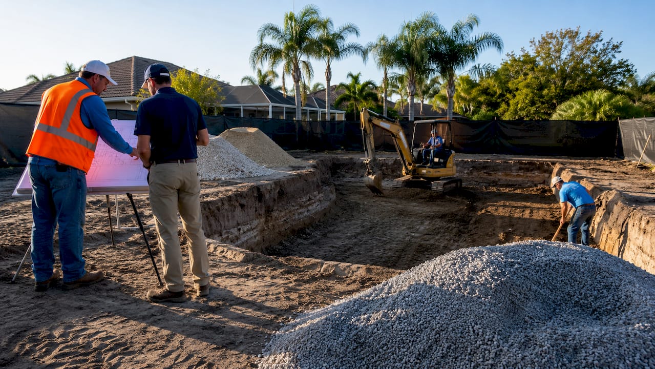 Backyard pool construction site with workers and blueprint