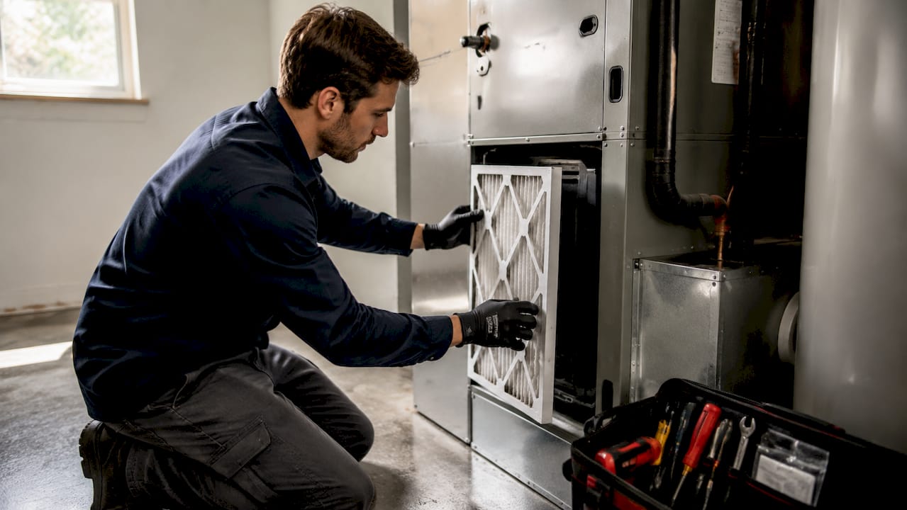 Technician changing HVAC air filter