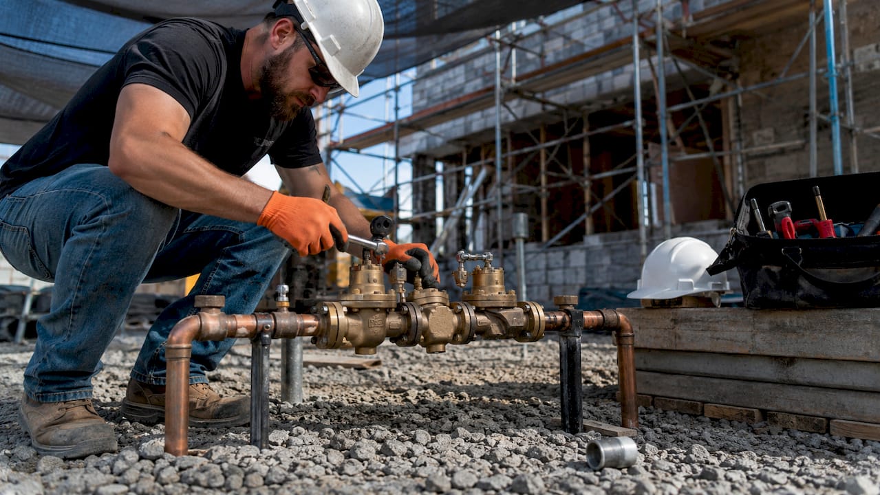 Technician installing RPZ backflow preventer