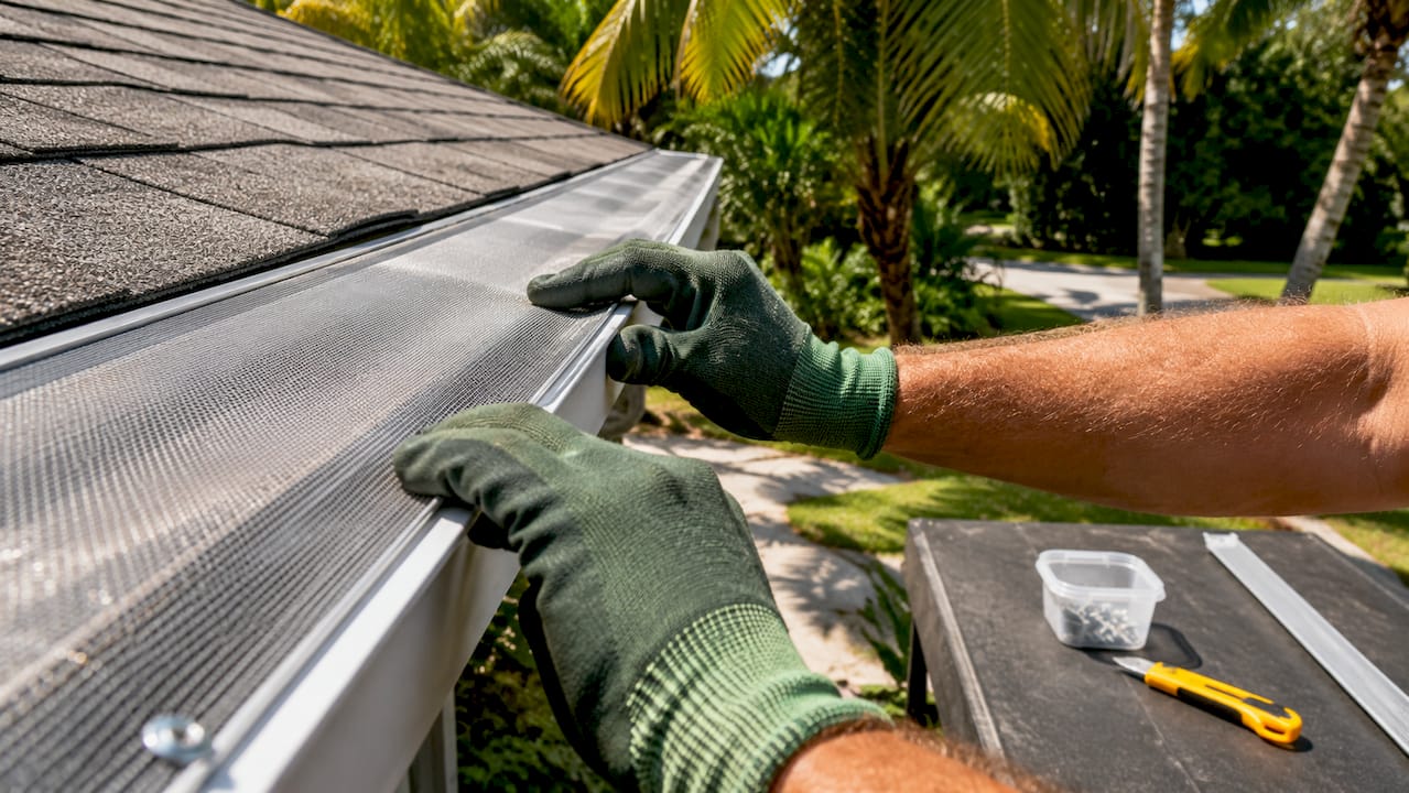 Hands installing micro-mesh gutter guard outdoors