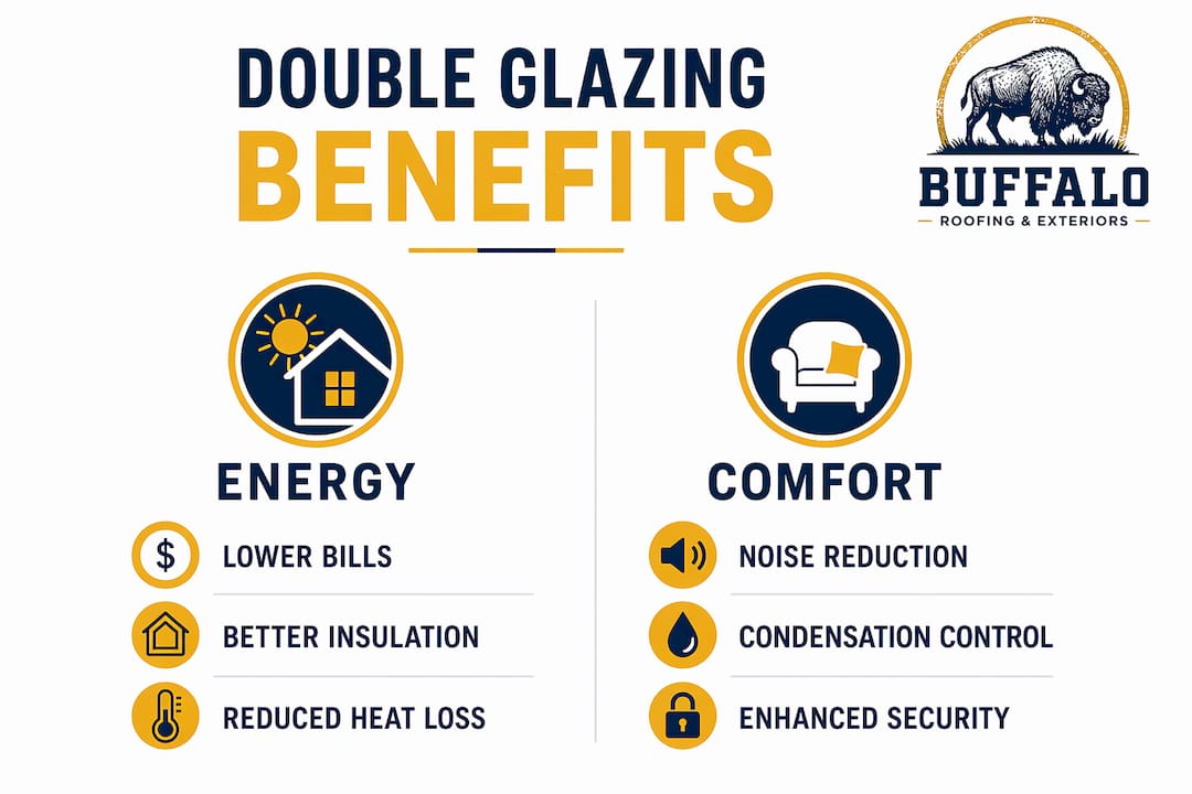Infographic comparing double glazing benefits in energy and comfort categories