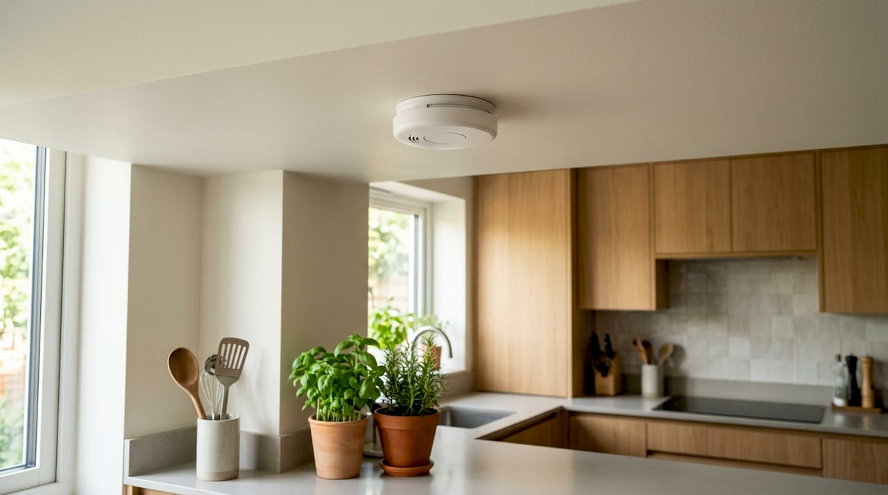Close-up wireless smoke and heat detectors on ceiling