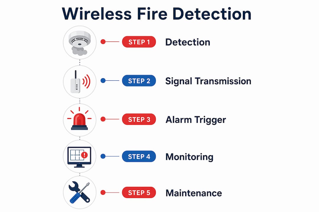 Infographic showing wireless fire detection system steps